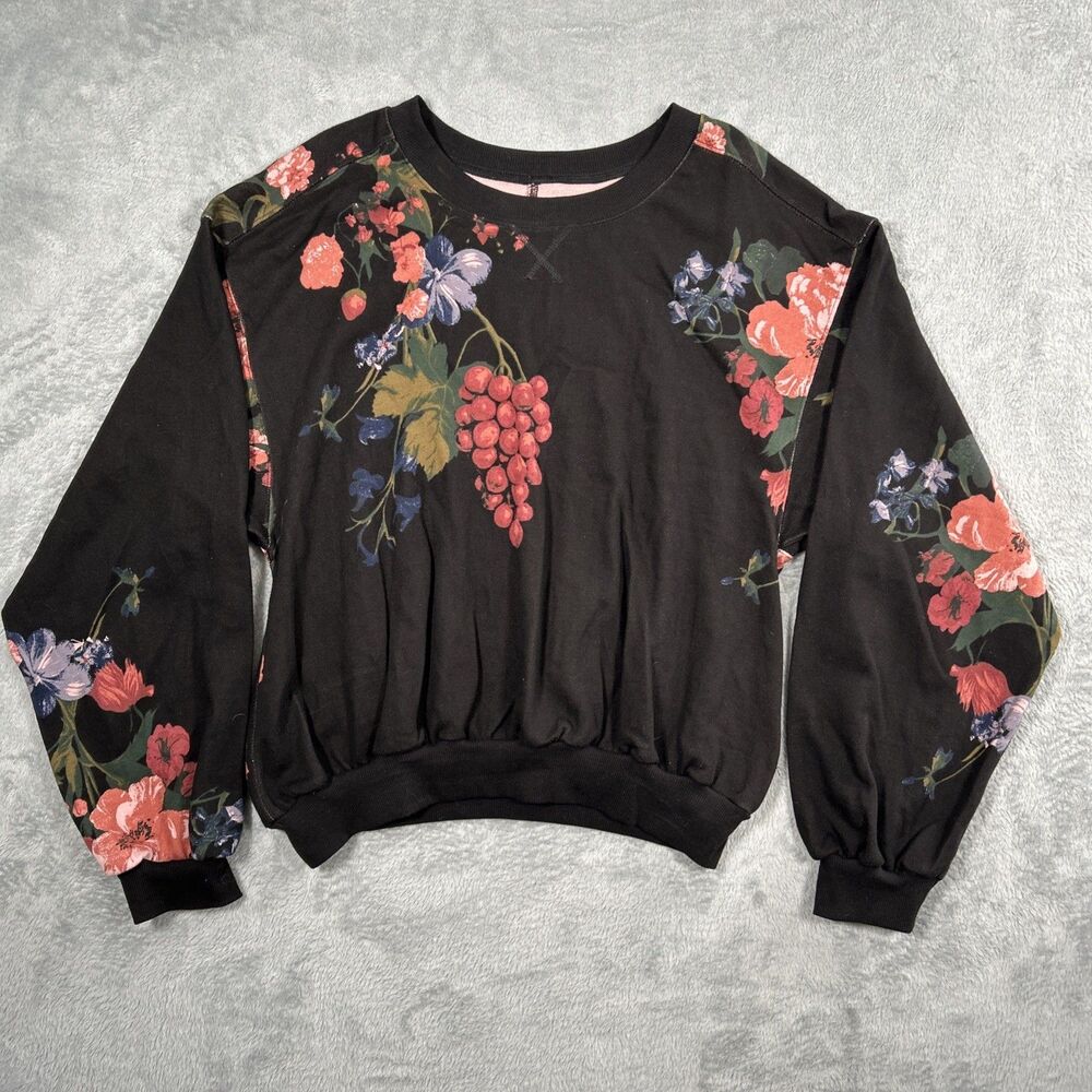 Pilcro Floral Grape Bubble Sweatshirt Womens Medium Black Cotton All Over Top